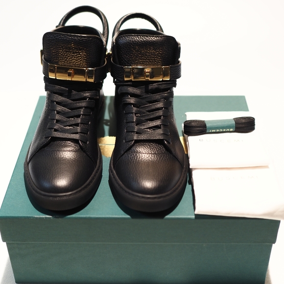 Luxury Designer Buscemi Men's 1High-Top Leather Sneakers with Padlock, Black - Picture 11 of 15